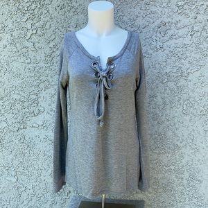 By Design Grommet Lace Up Gray Pullover Sweater Top Tunic Blouse 👚